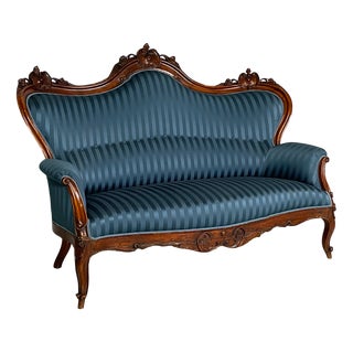 Italian Louis XVI Style Wood and Blue Striped Fabric Sofa, 1930s For Sale