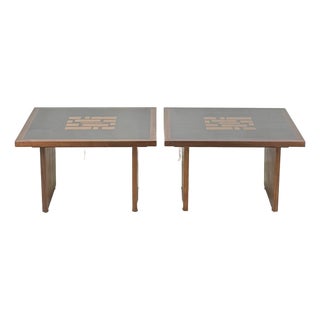 1970s Pair of Black Resin and Walnut Inlay End Tables Attributed to Frank Rohloff For Sale