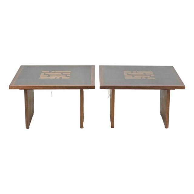 1970s Pair of Black Resin and Walnut Inlay End Tables Attributed to Frank Rohloff For Sale