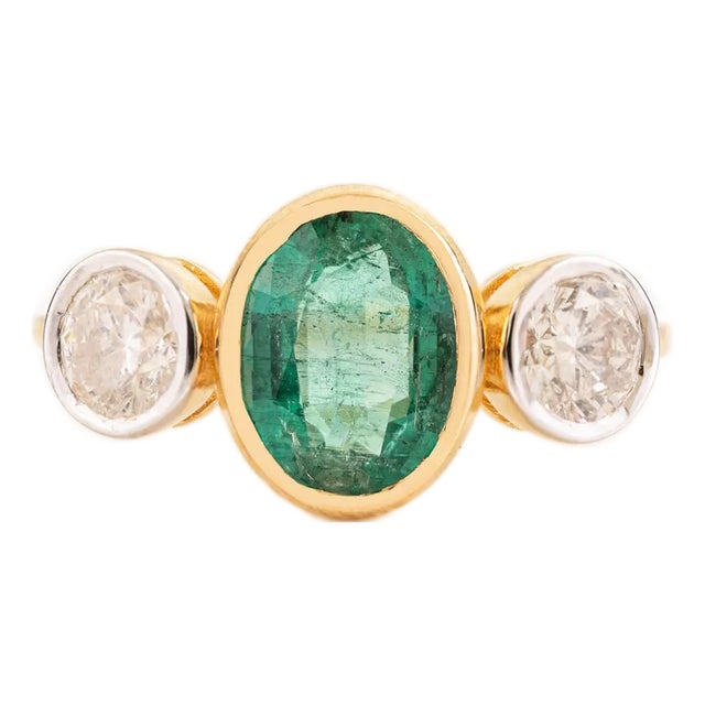 1 CTW Zambian Emerald and Diamond Bezel Set Ring Size 5 in 18k Gold For Sale