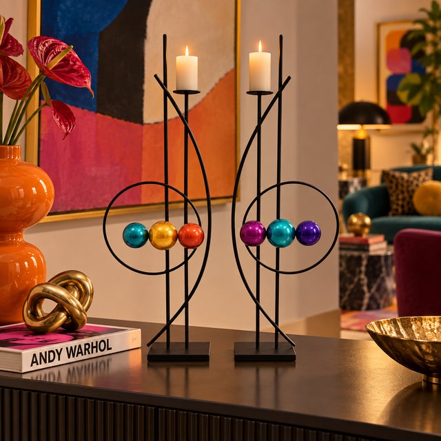 Rick Martin Signed 2012 Abstract Modernist Memphis Pop Art Steel Candlesticks Pair Measurements: 19.25"T x 6.75"W x 3"D...