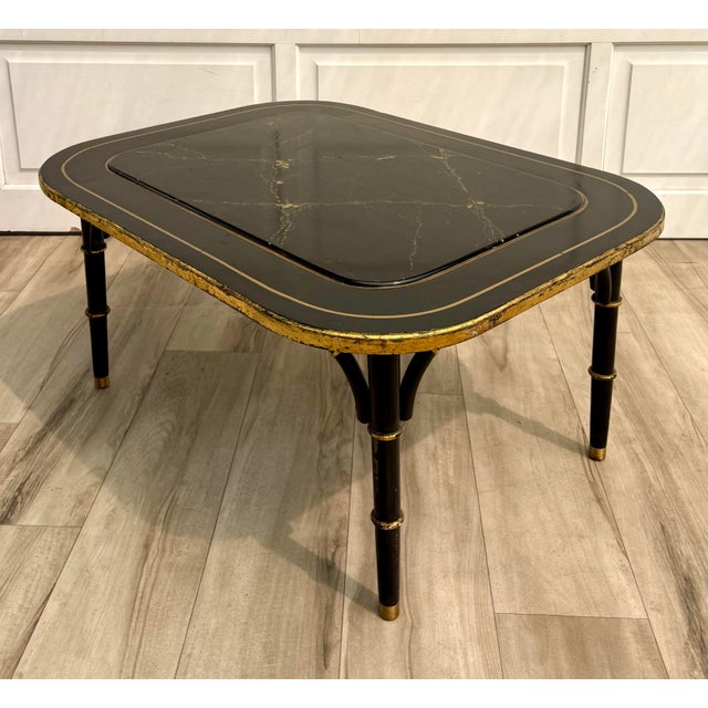 1970s Chinoiserie English Faux Bamboo Black Lacquer & Gilt Coffee Table, Signed Zoltowski For Sale - Image 5 of 15