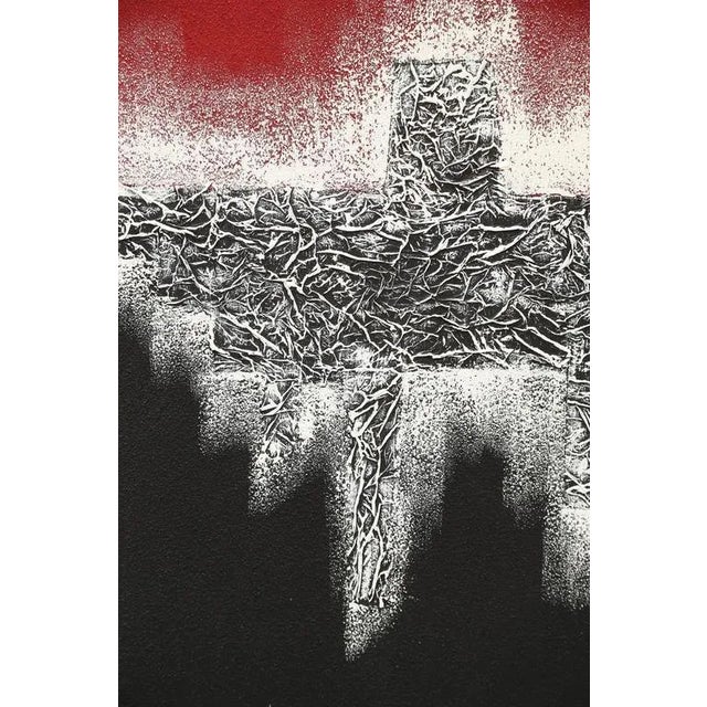 Monumental Mid-Century Modern painting in black, red and white. Signed by artist "Vincent" at the right bottom corner. The...