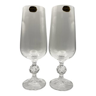 Late 20th Century Bohemia Czech Lead Crystal Wine Ice Tea Beer Goblets Pair Faceted Stem Heavy Clear Glass - a Pair For Sale