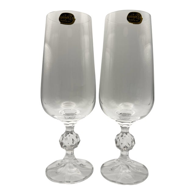 Late 20th Century Bohemia Czech Lead Crystal Wine Ice Tea Beer Goblets Pair Faceted Stem Heavy Clear Glass - a Pair For Sale