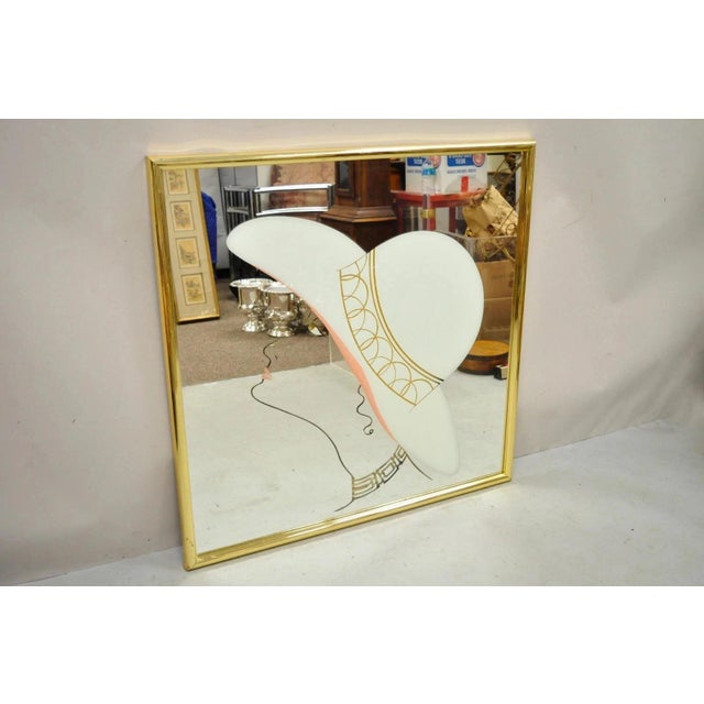 Vintage Art Deco Style 38" Square Art Wall Mirror with Vogue Woman in Hat. Item features decorated glass of elegant women...