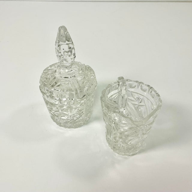1930s Vintage Art Deco Boho Chic Americana Cut Glass Lidded Sugar and Creamer - A Pair For Sale - Image 4 of 9