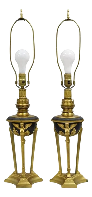 Vintage French Empire Style Figural Woman Black & Gold Brass Table Lamps - Pair