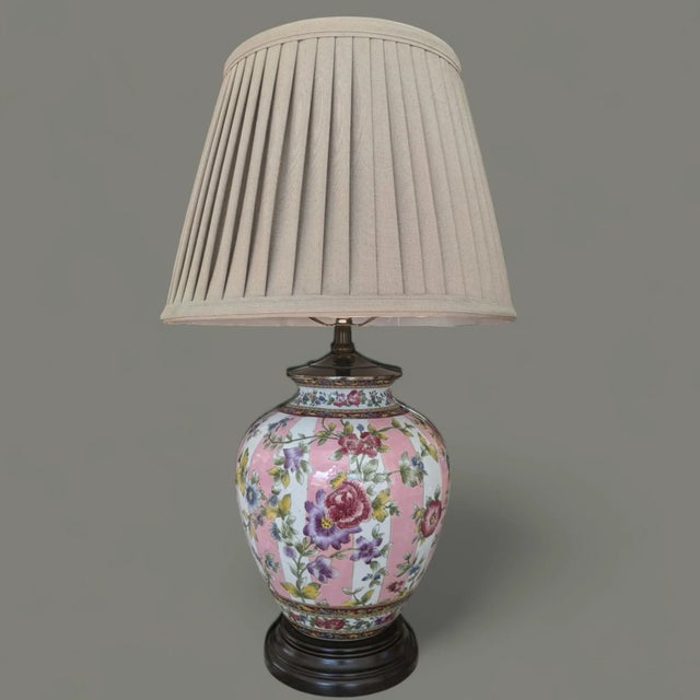 Vintage Chinoiserie Chic Style Pink and White Stripe Chintz Floral Ceramic Asian Vase Table Lamp with a Sage Green Pleated...