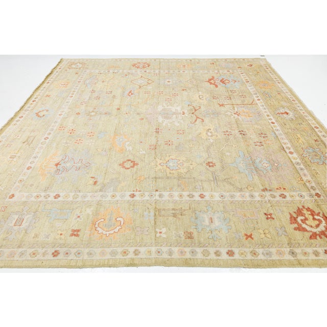 Textile Serene Sage & Coral Modern Oushak Style Handmade Wool Rug 10x10 For Sale - Image 7 of 11