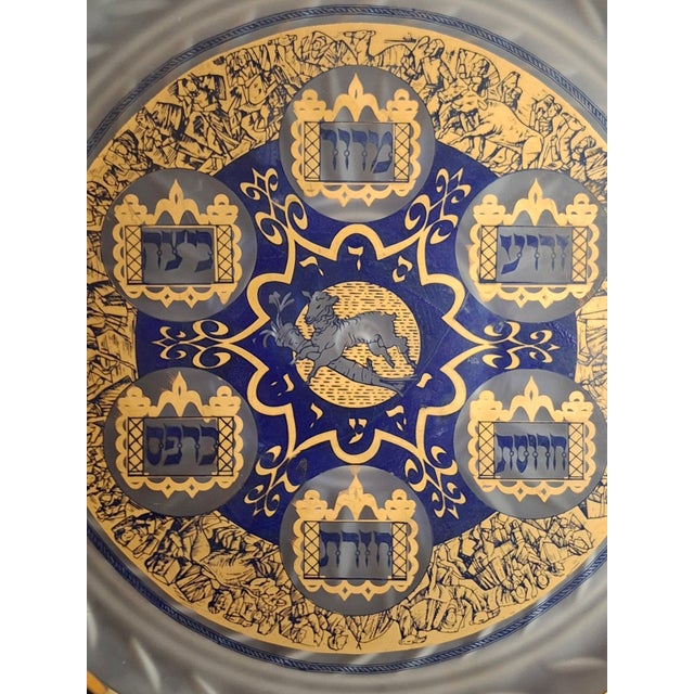 Religious Vintage A. Barton Creation 24k Gold & Cobalt Blue Glass Seder Plate - 13.25" For Sale - Image 3 of 16