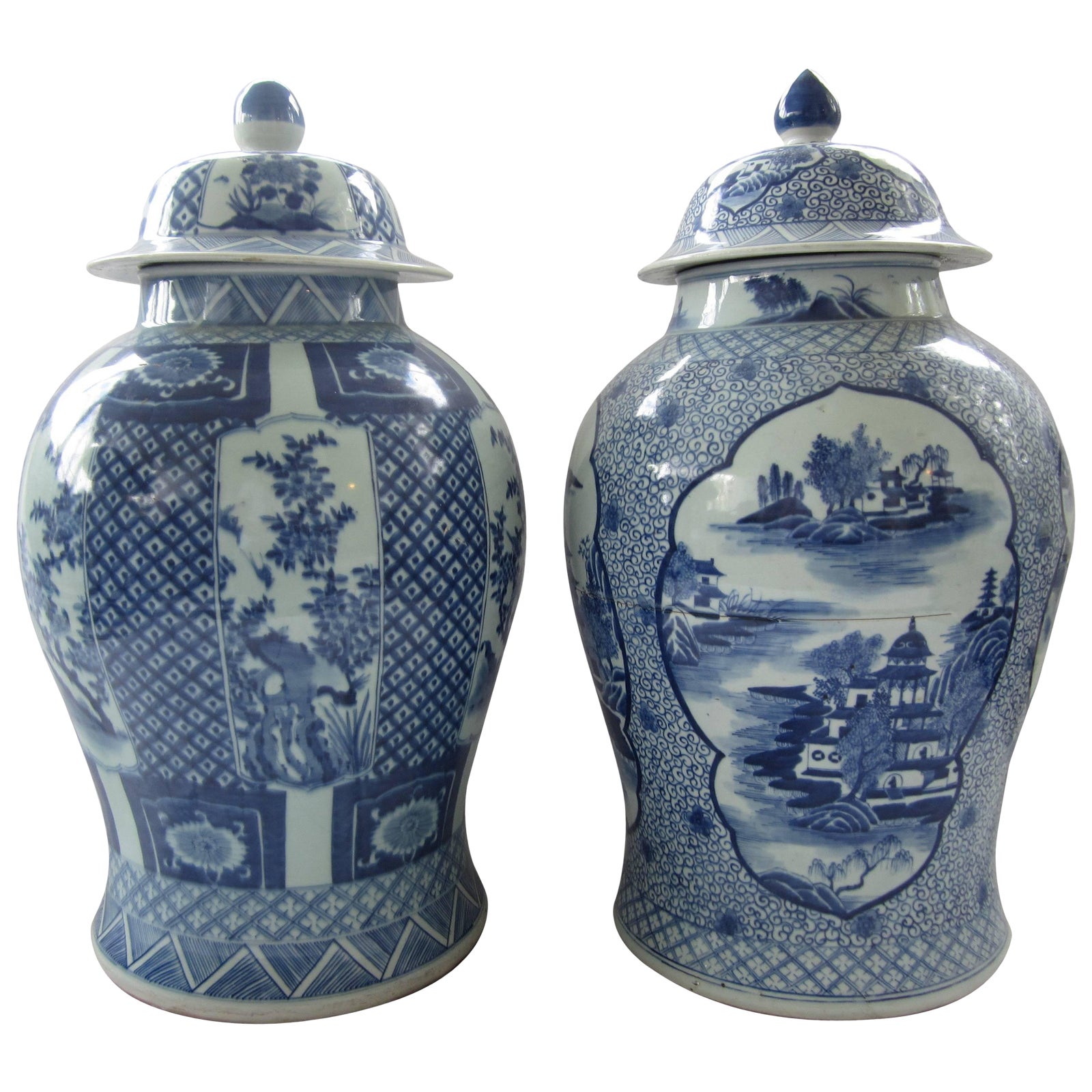 Chinese Blue and White Jars With Lids a Pair Chairish