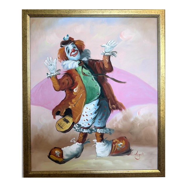 Late 20th Century Oil Painting Clown Musician Signed L. Angeli Colorful Figurative Art Circus For Sale