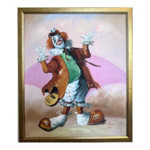 Late 20th Century Oil Painting Clown Musician Signed L. Angeli Colorful Figurative Art Circus