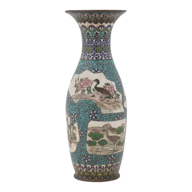 Late 19th Century Japanese Cloisonne Vase With Cranes, Ducks and Blossoms, Meiji Era For Sale
