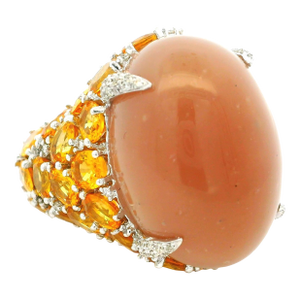 1960s Contemporary Italian 18k White Gold Moonstone, Yellow Sapphire & Diamond Ring, Size 7.25