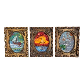 Set of 3 Small Serg Graff Nautical Paintings Framed Sailing Ship Seascapes Art For Sale