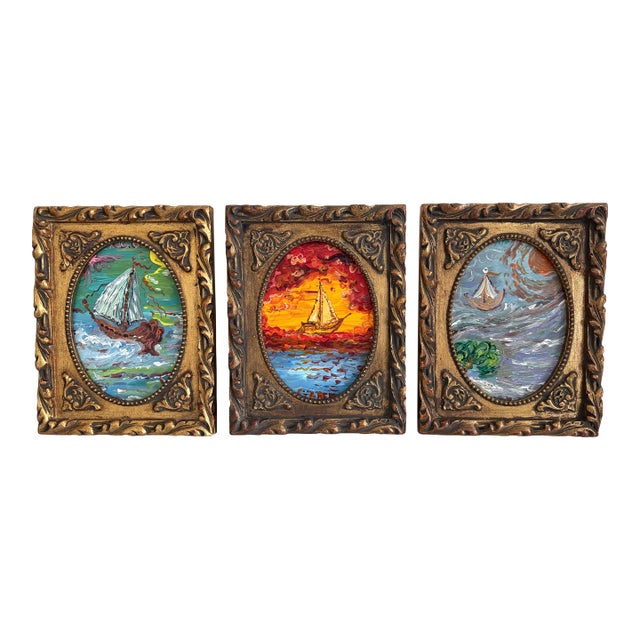 Set of 3 Small Serg Graff Nautical Paintings Framed Sailing Ship Seascapes Art For Sale