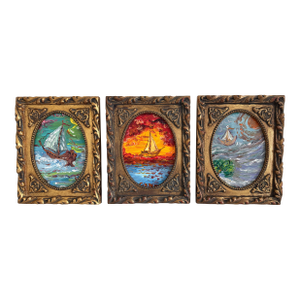Set of 3 Small Serg Graff Nautical Paintings Framed Sailing Ship Seascapes Art
