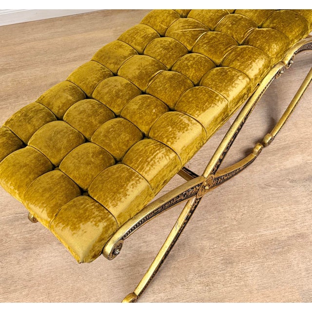 Vintage French Regency Double X Gilded Green Velvet Tuft Window Bench For Sale - Image 6 of 15