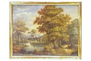 Antique Lakeside Landscape Gouache Painting