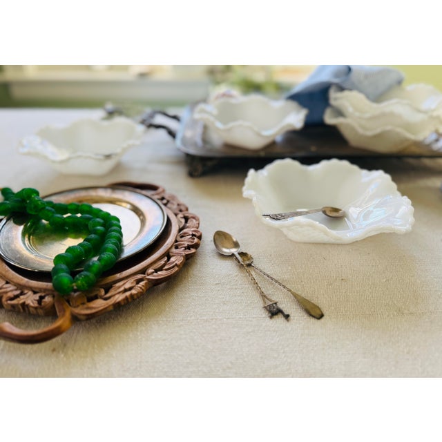 Glass 1960s MCM Hazel Atlas Diamond Cut Ruffled Milk Glass Bowls 6.25 Inch Vintage Scalloped Dessert Bowls - Set of 6 For Sale - Image 7 of 11