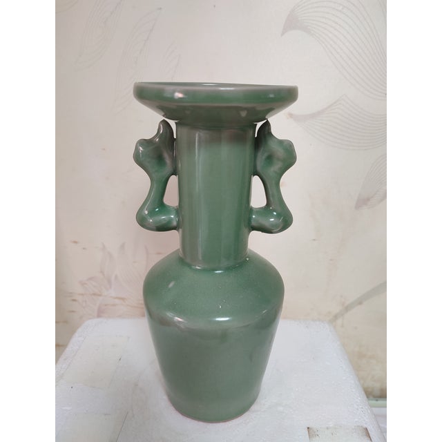 Chinese Ceramic Vase Longquan Ware Celadon Vase Hand Carved Double Dragon Ears For Sale - Image 11 of 11