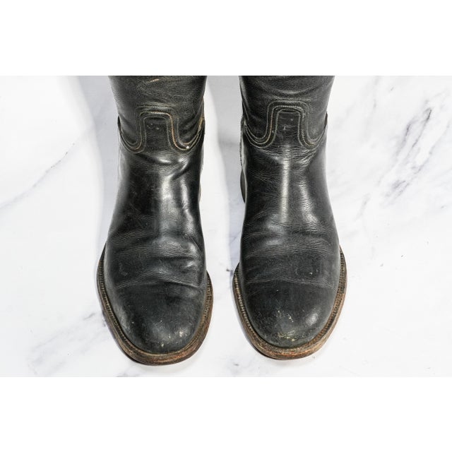 1920s Country Chic Black Leather Antique Riding Boots Horse Equestrian Home Decor Prop For Sale - Image 5 of 10