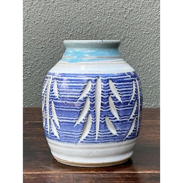 Handcrafted Blue Ceramic Leaf Motif Vase For Sale - Image 13 of 14