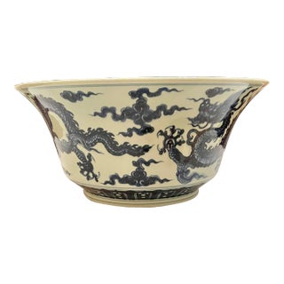 Chinese Blue & White Dragon Porcelain Bowl With Xuande Mark – Qing/Republic Style For Sale