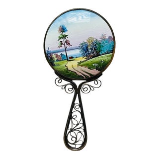 1930s Miniature Doll’s Mirror Enameled Landscape For Sale