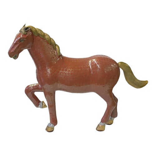 Vintage Chinese Metal Brick Red Golden Tail Fengshui Horse Figure