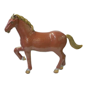 Vintage Chinese Metal Brick Red Golden Tail Fengshui Horse Figure