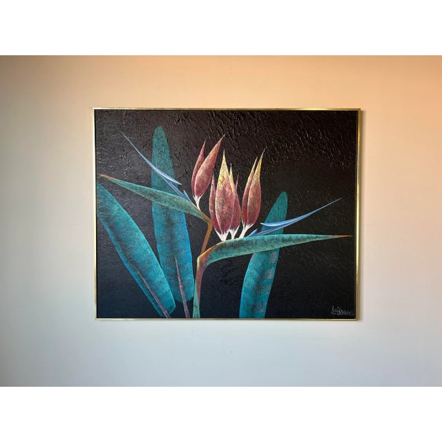 Hollywood Regency Large 1980's Lee Reynols Bird of Paradise Flowers Oil on Canvas Painting, Framed/ Sold For Sale - Image 3 of 13