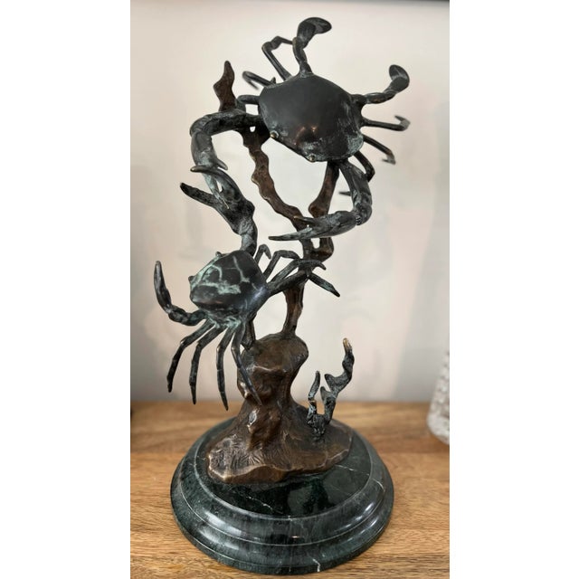 Fighting Bluepoint Crab Brass Sculpture on Green Marble Base For Sale - Image 11 of 11
