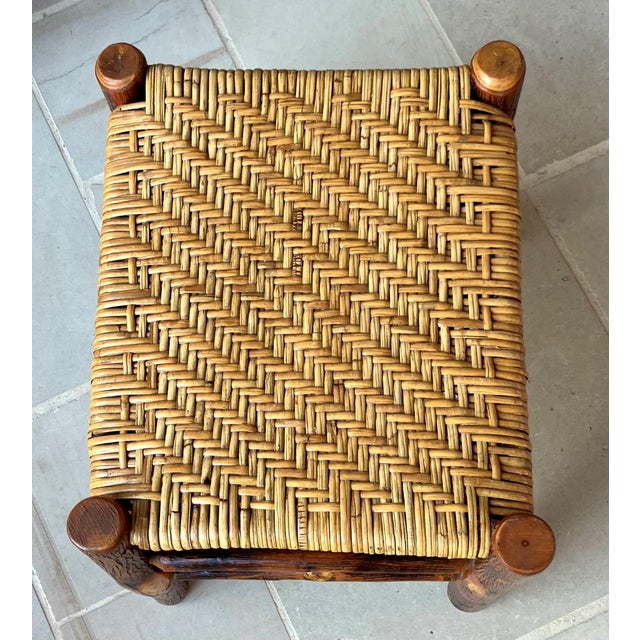 Rustic Chic Mid 20th-Century Hickory Wood & Handwoven Double Twill Plaited Cane Bench For Sale - Image 18 of 18
