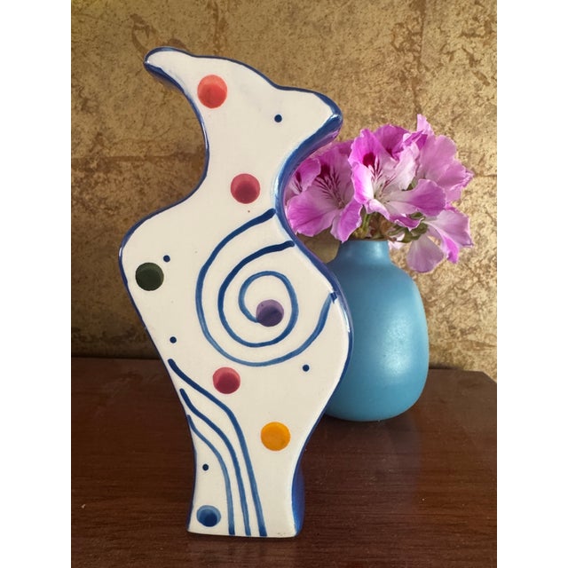 Blue 1990s Ceramic Art Vase With Swirl and Dot Pattern and Blue Sides For Sale - Image 8 of 10