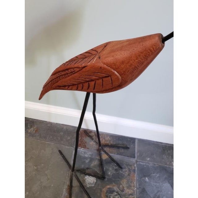 Tall Hand-Carved Wood & Iron Crane Sculpture, Modern Folk Art For Sale In Raleigh - Image 6 of 7