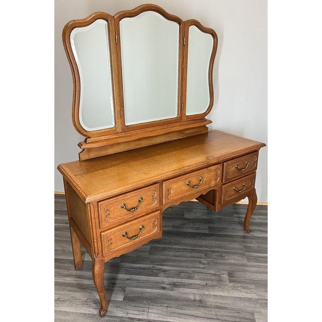 Vintage French Louis Style Oak Dressing Table with Mirror For Sale - Image 12 of 12