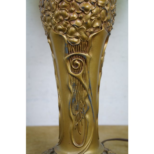 Brass Antique Charles Parker Art Nouveau Two Light Slag Glass Table Lamp 25" For Sale - Image 8 of 18