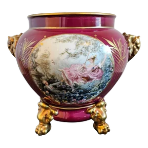 French Limoges Porcelain Burgundy Red Hand Painted Parcel Gilt Vase Jardiniere on Stand