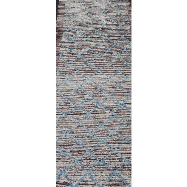 Early 21st Century Modern Runner in All-Over Design in Cream, Sky Blue Color on a Brown Background For Sale - Image 5 of 13