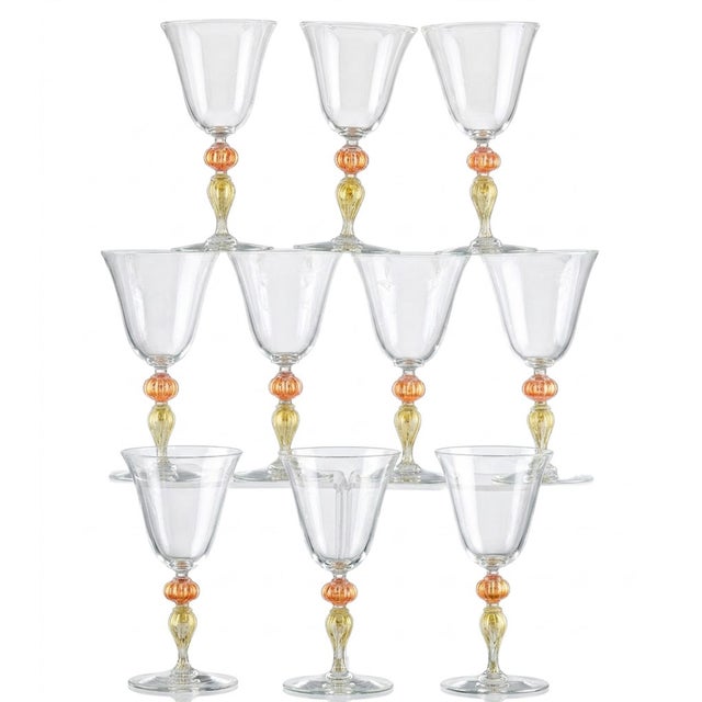 Vintage Murano Glass Large Wine Glasses, Peach and Gold-Leaf Ribbed Stems, Set of Ten Mid-to-Late 20th Century This set of...