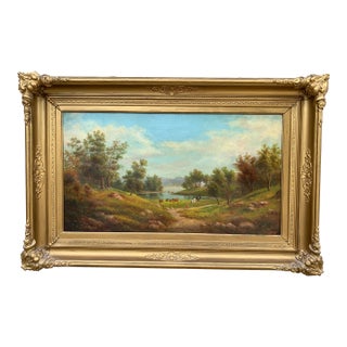 Mid-19th Century English Country Landscape Oil in Ornate Giltwood Frame For Sale