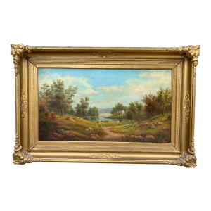 Mid-19th Century English Country Landscape Oil in Ornate Giltwood Frame