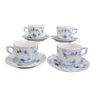 Royal Copenhagen Denmark 2162 Plain Blue Fluted Flat Cup & Saucer Set of 4 For Sale