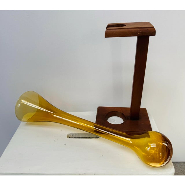 Amber Mid 20th Century Amber Empoli Glass Vase on Wood Stand For Sale - Image 8 of 9