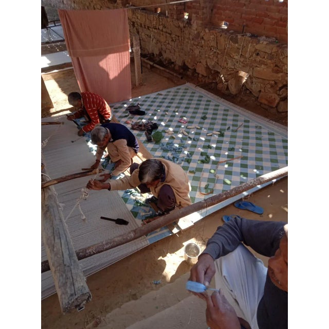 Handmade Cotton Area Rug, Forest Green, Sky Blue and Cream Small Checked Dhurrie - 9'x12' For Sale - Image 11 of 13