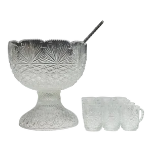 Vintage Punch Bowl and Stand With Twelve Glasses and Ladle