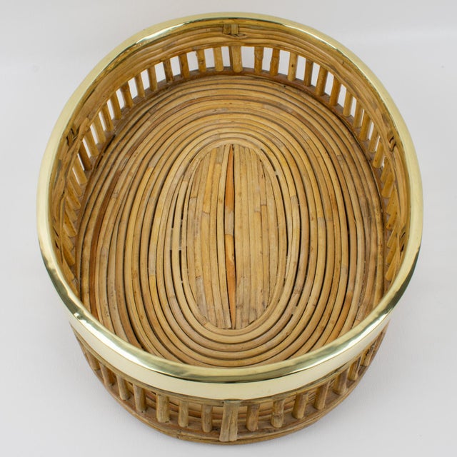1960s Rattan Bamboo Wicker and Brass Bowl Basket Centerpiece, Italy 1960s For Sale - Image 5 of 9